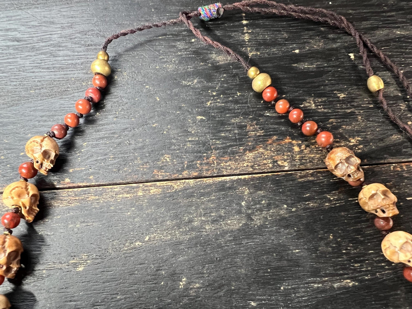 Hand-Carved Tibetan Deer Antler Skull Necklace, Citipati Guardian Mala Pendant, Red Accent Beads, Adjustable Cord, Spiritual Jewelry, Nepal