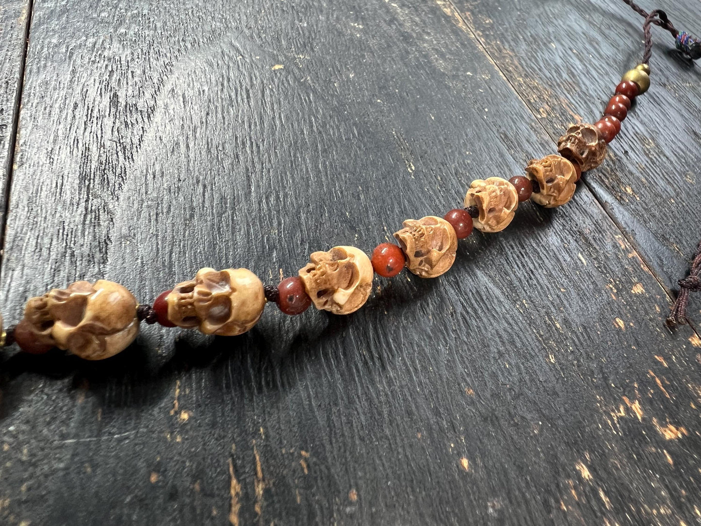 Hand-Carved Tibetan Deer Antler Skull Necklace, Citipati Guardian Mala Pendant, Red Accent Beads, Adjustable Cord, Spiritual Jewelry, Nepal