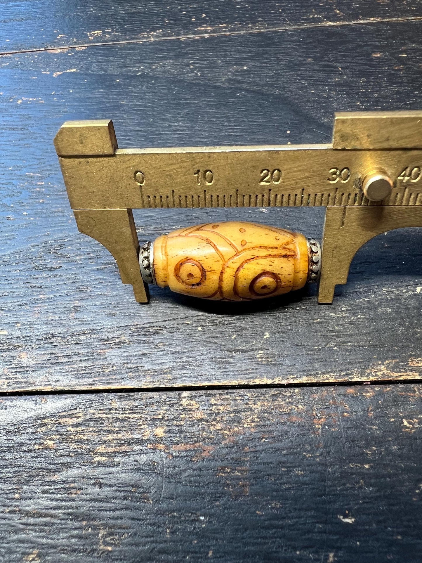 Hand-Carved Yak Bone Dzi Bead | Tibetan Silver Inlay Barrel Mala Spacer | Nepal Buddhist Amulet