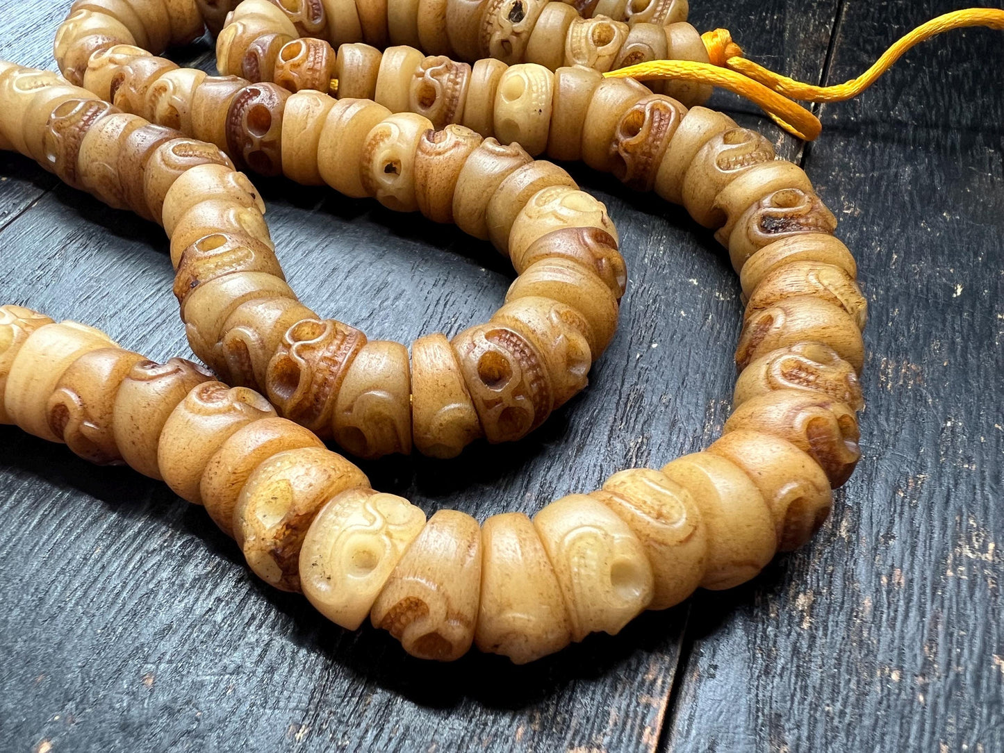 Hand-Carved Yak Bone Skull Beads | Tibetan Citipati Mala Beads Strand | Buddhist Ritual Bone Spacers