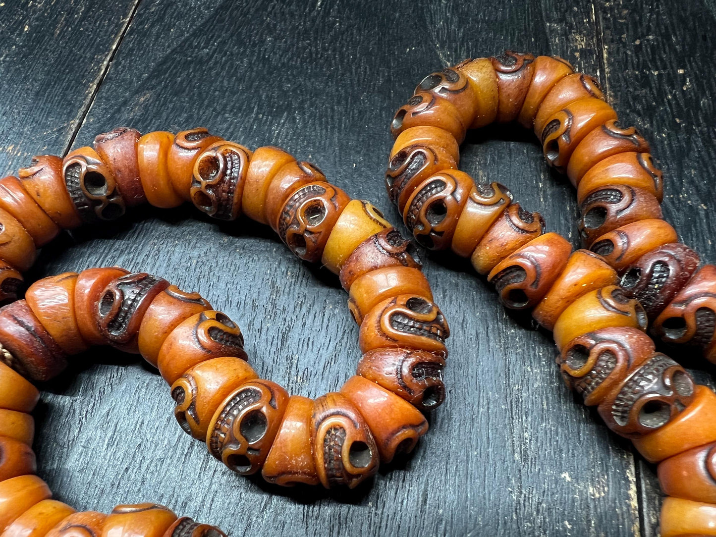 Hand-Carved Yak Bone Skull Beads | Tibetan Citipati Mala Beads Strand | Buddhist Ritual Bone Spacers