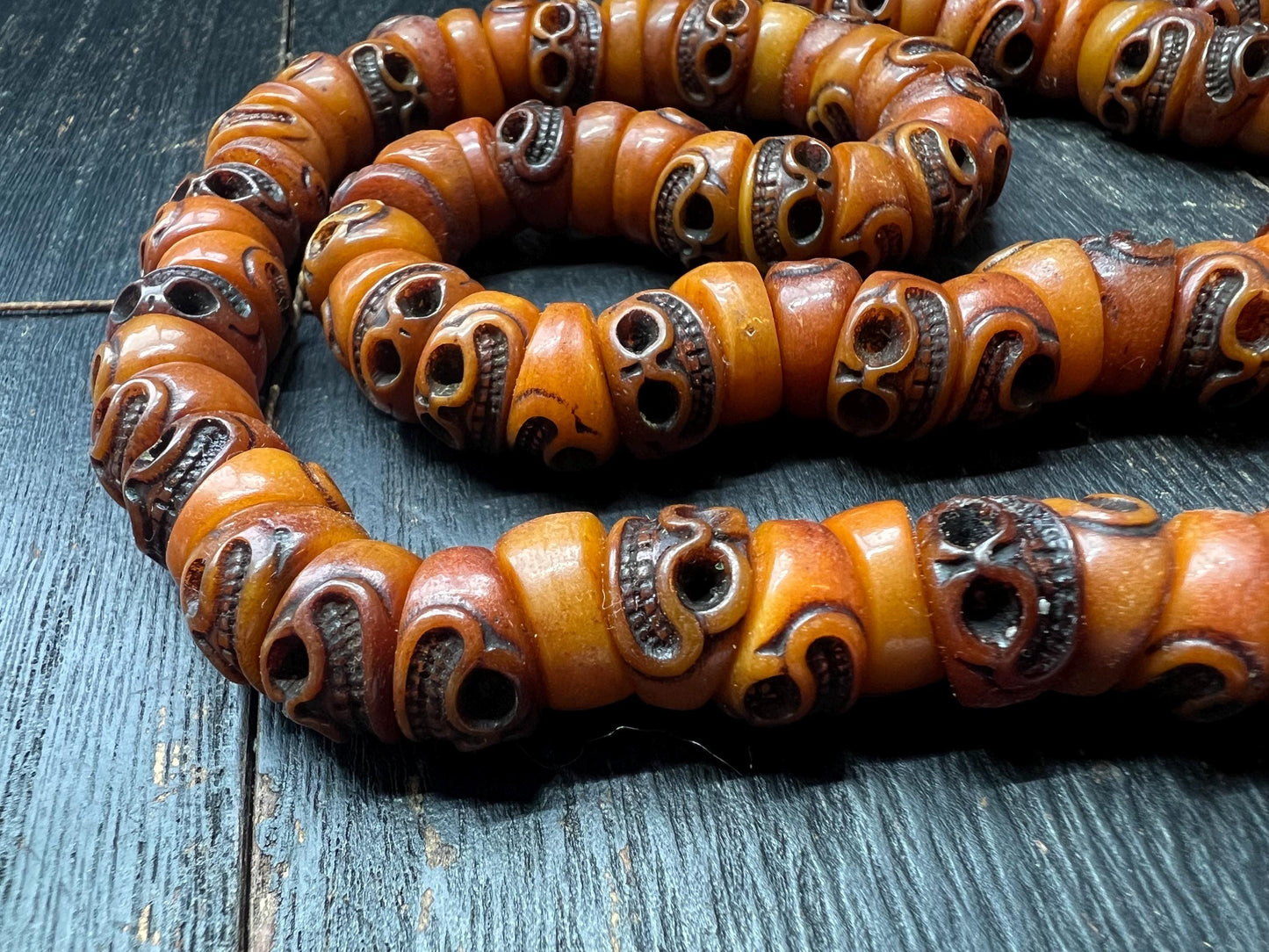 Hand-Carved Yak Bone Skull Beads | Tibetan Citipati Mala Beads Strand | Buddhist Ritual Bone Spacers