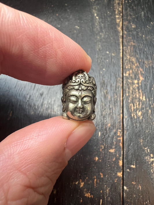 White Bronze Buddha Head Bead, 11x15mm, Handmade Tibetan-Style Metal Spacer Bead for Jewelry Making, Mala, Bracelet, Necklace, Meditation Cr