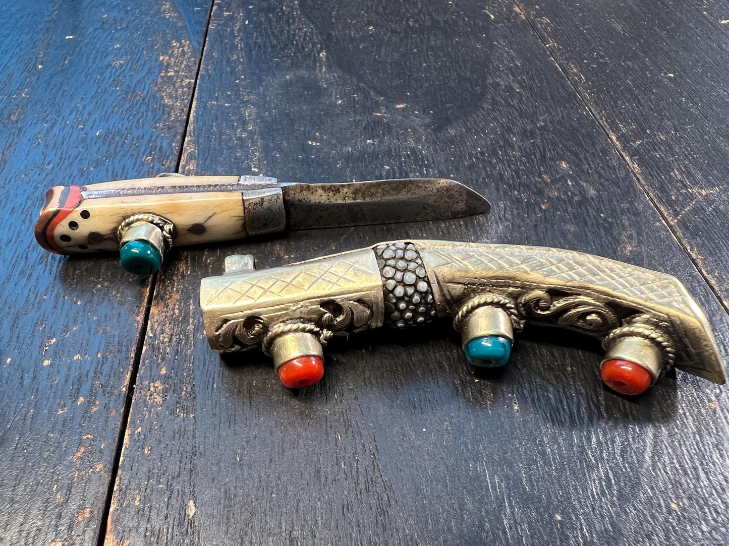 Handcrafted Tibetan Mini Knife – Brass, Bone & Gem Inlay, Coral Turquoise Stones, Ethnic Amulet Dagger