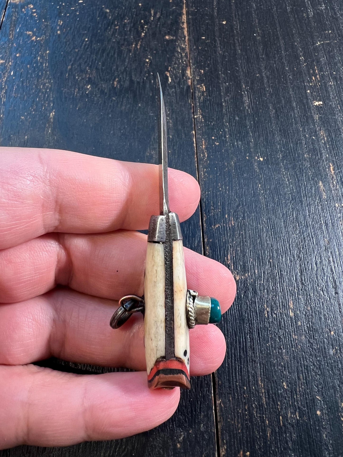 Handcrafted Tibetan Mini Knife – Brass, Bone & Gem Inlay, Coral Turquoise Stones, Ethnic Amulet Dagger