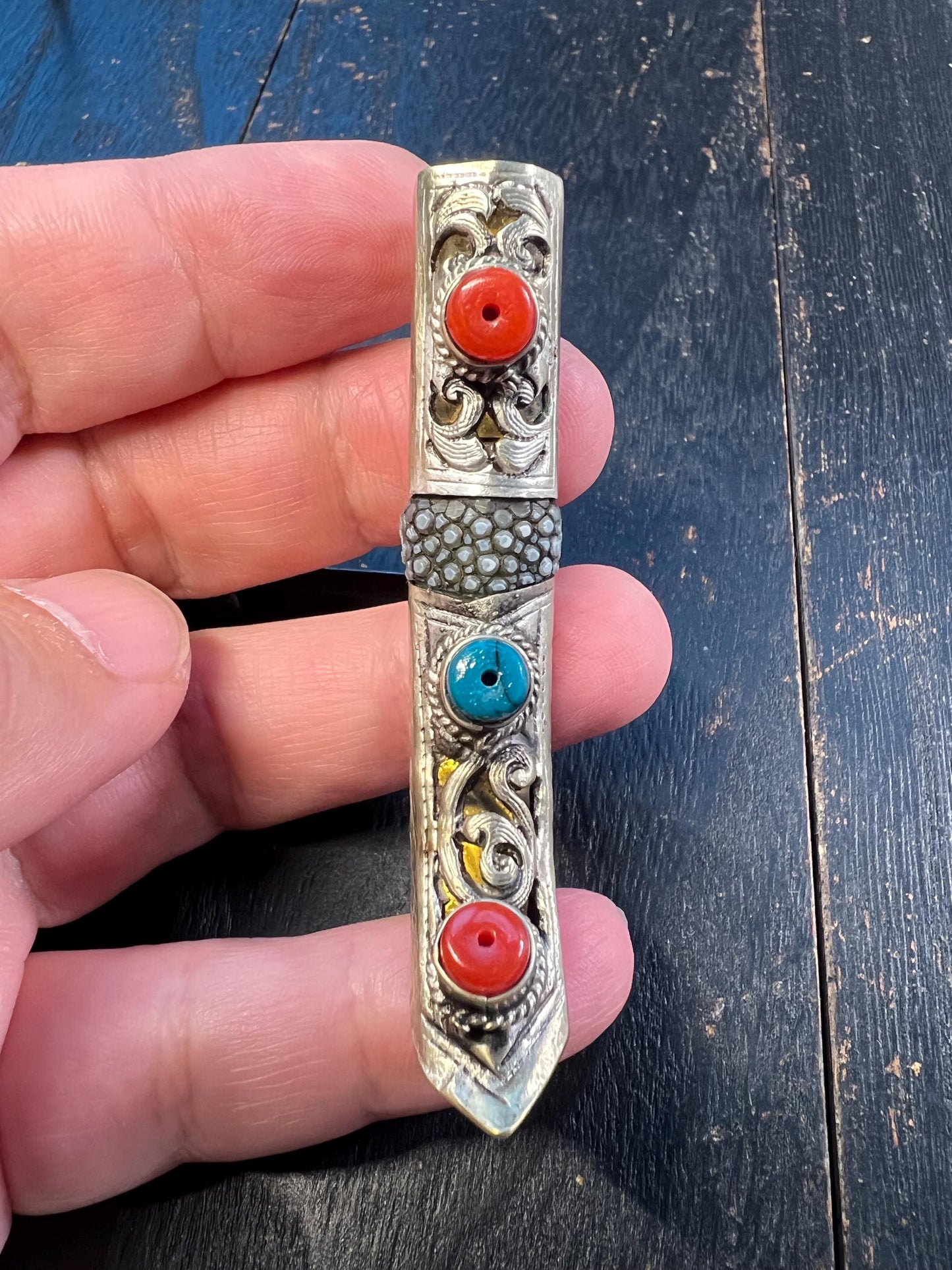 Handcrafted Tibetan Mini Knife – Brass, Bone & Gem Inlay, Coral Turquoise Stones, Ethnic Amulet Dagger