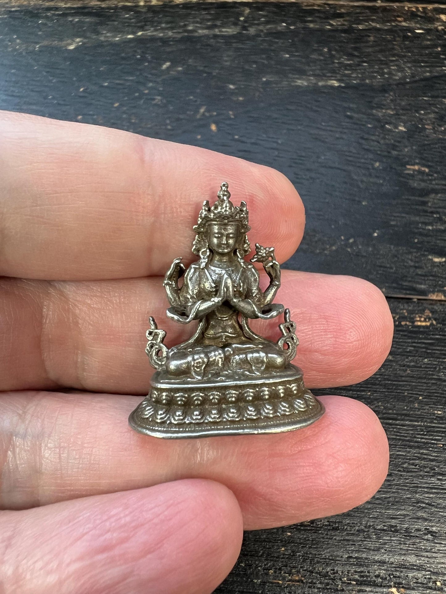 Mini White Copper Four-Armed Avalokiteshvara (Chenrezig) Statue, 30mm Buddhist Compassion Deity, Handmade Karma Altar Figurine