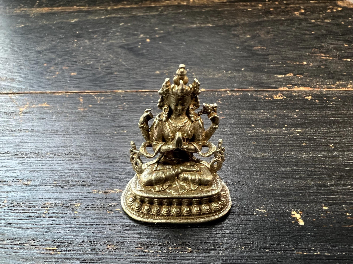 Mini White Copper Four-Armed Avalokiteshvara (Chenrezig) Statue, 30mm Buddhist Compassion Deity, Handmade Karma Altar Figurine