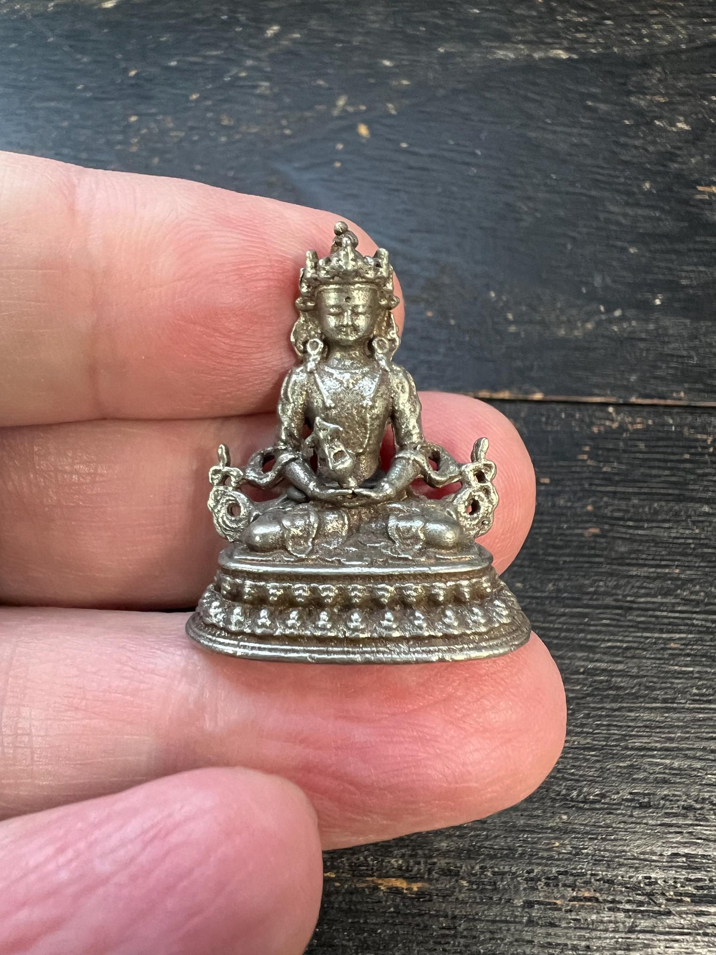 Nepal Tibet Buddhist Amitayus Miniature Statue | White Bronze Longevity Buddha | Handcrafted Spiritual Altar Decor