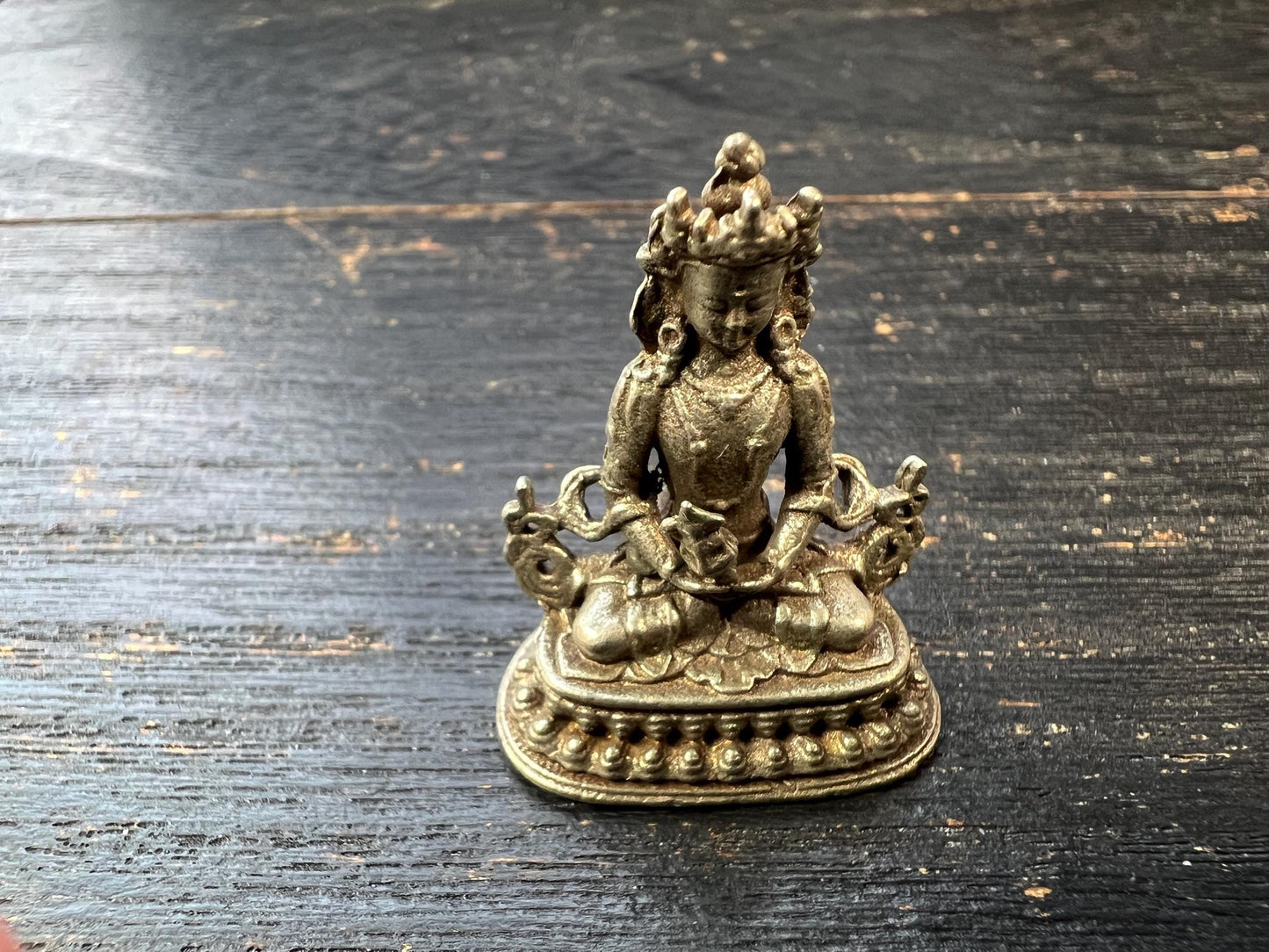 Nepal Tibet Buddhist Amitayus Miniature Statue | White Bronze Longevity Buddha | Handcrafted Spiritual Altar Decor