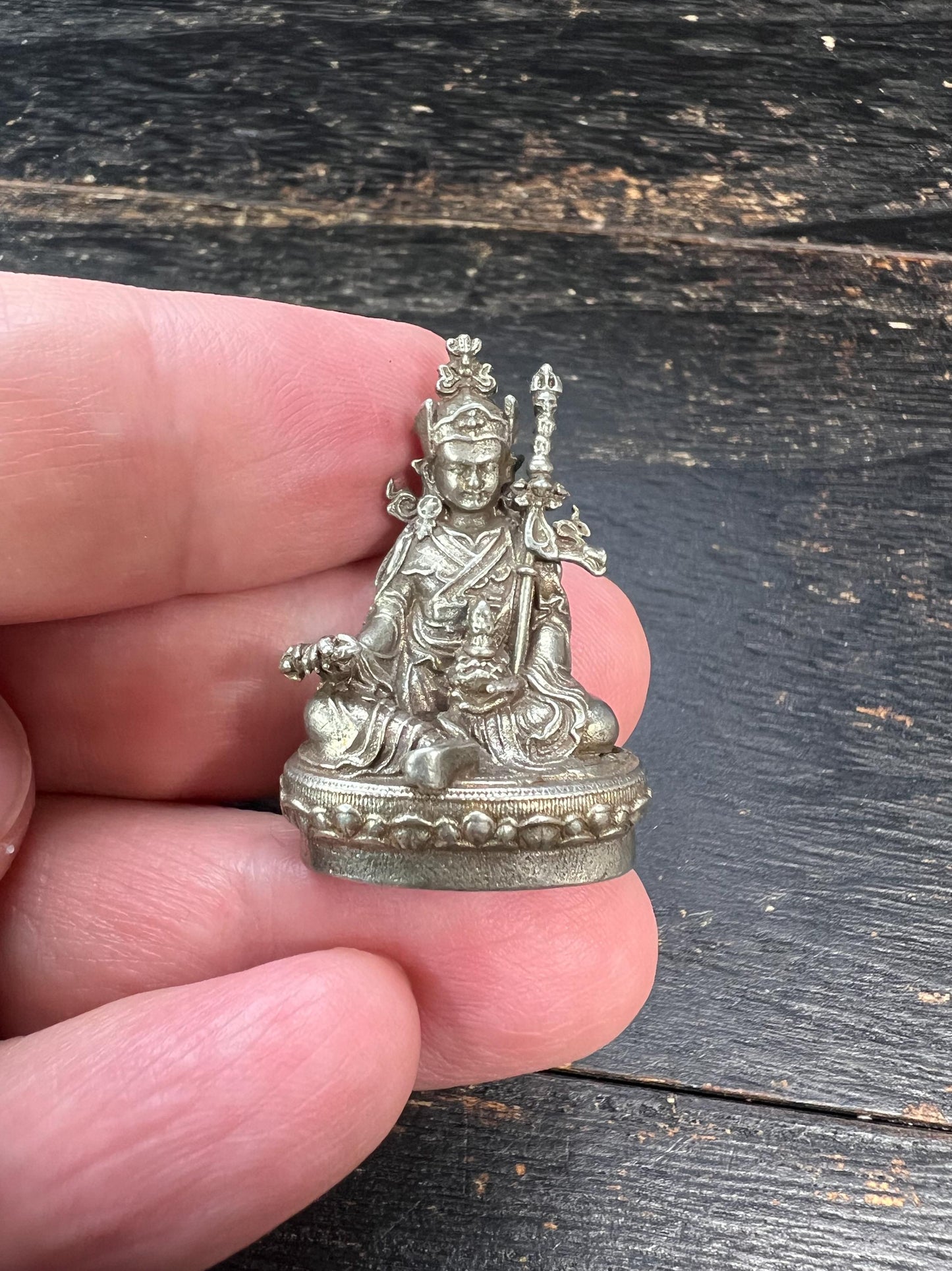 Handcrafted White Bronze Guru Rinpoche (Padmasambhava) Miniature Statue | Tibetan Buddhist Altar Figurine | 23mm x 33mm