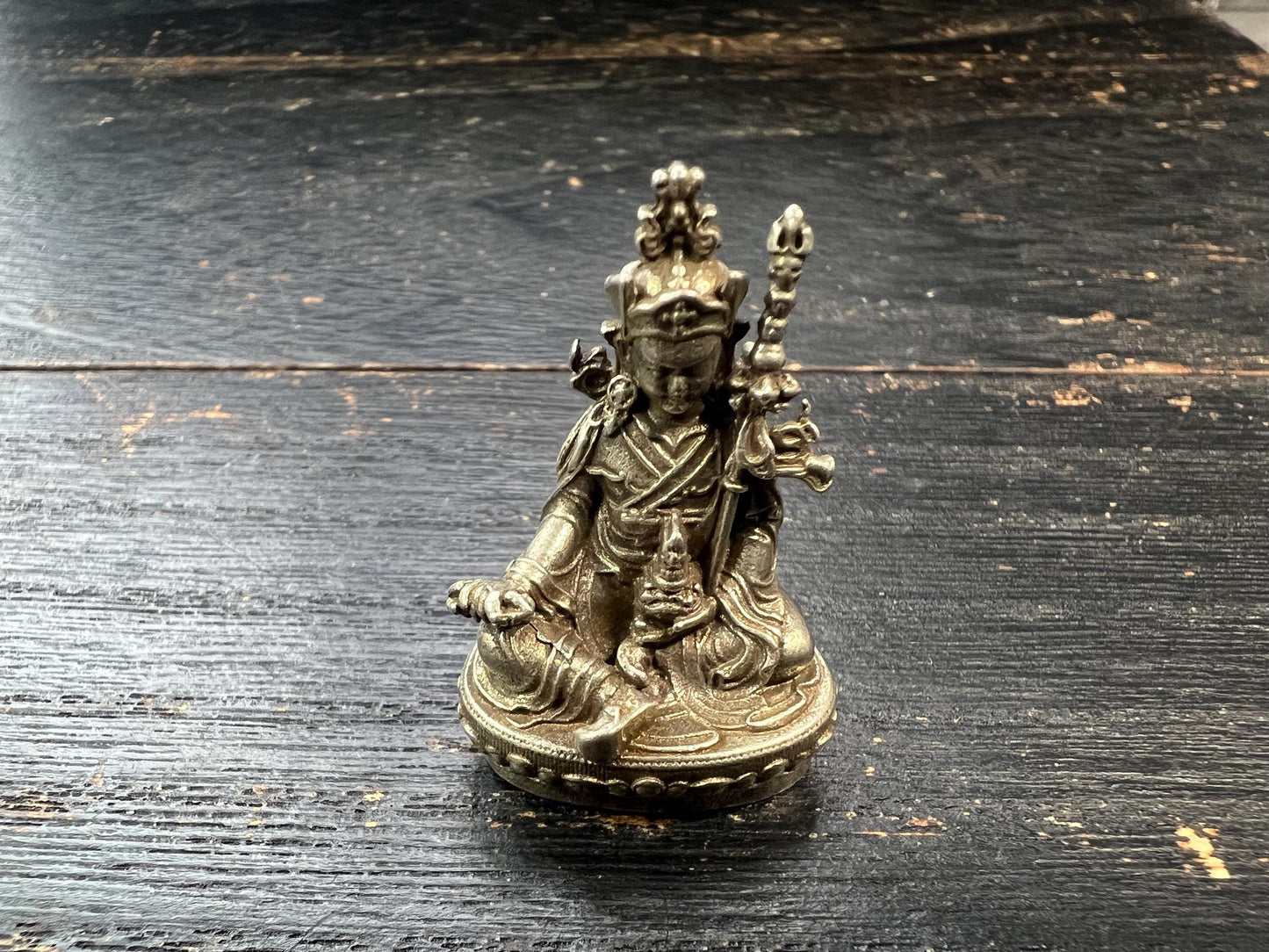 Handcrafted White Bronze Guru Rinpoche (Padmasambhava) Miniature Statue | Tibetan Buddhist Altar Figurine | 23mm x 33mm