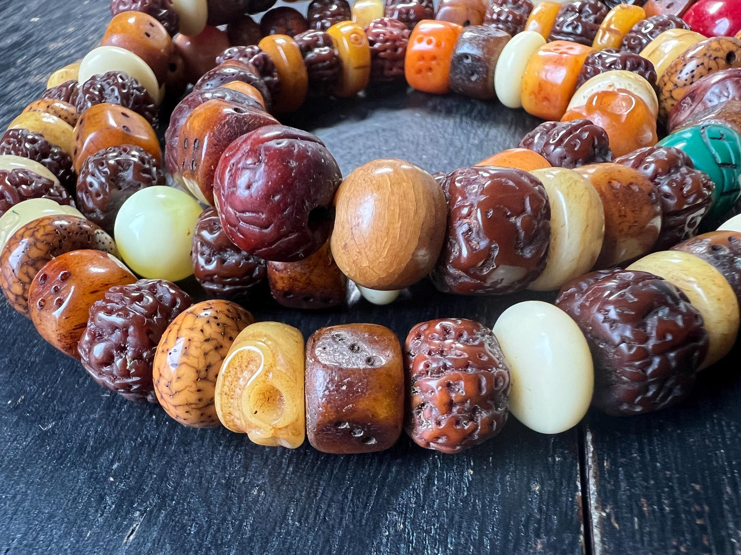 Tibetan Mala Necklace: Yak Bone, Bodhi Seed, Glass Prayer Beads