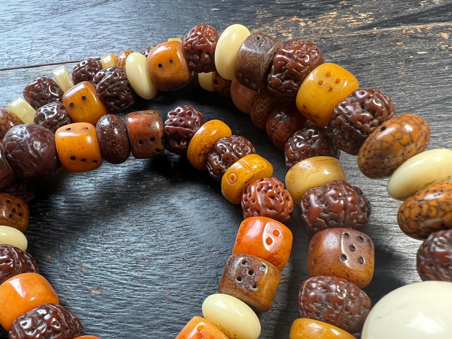 Tibetan Mala Necklace: Yak Bone, Bodhi Seed, Glass Prayer Beads