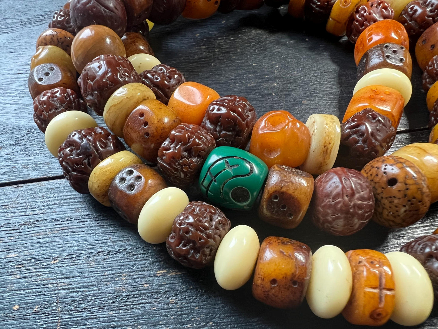 Tibetan Mala Necklace: Yak Bone, Bodhi Seed, Glass Prayer Beads