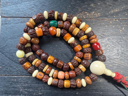 Tibetan Mala Necklace: Yak Bone, Bodhi Seed, Glass Prayer Beads