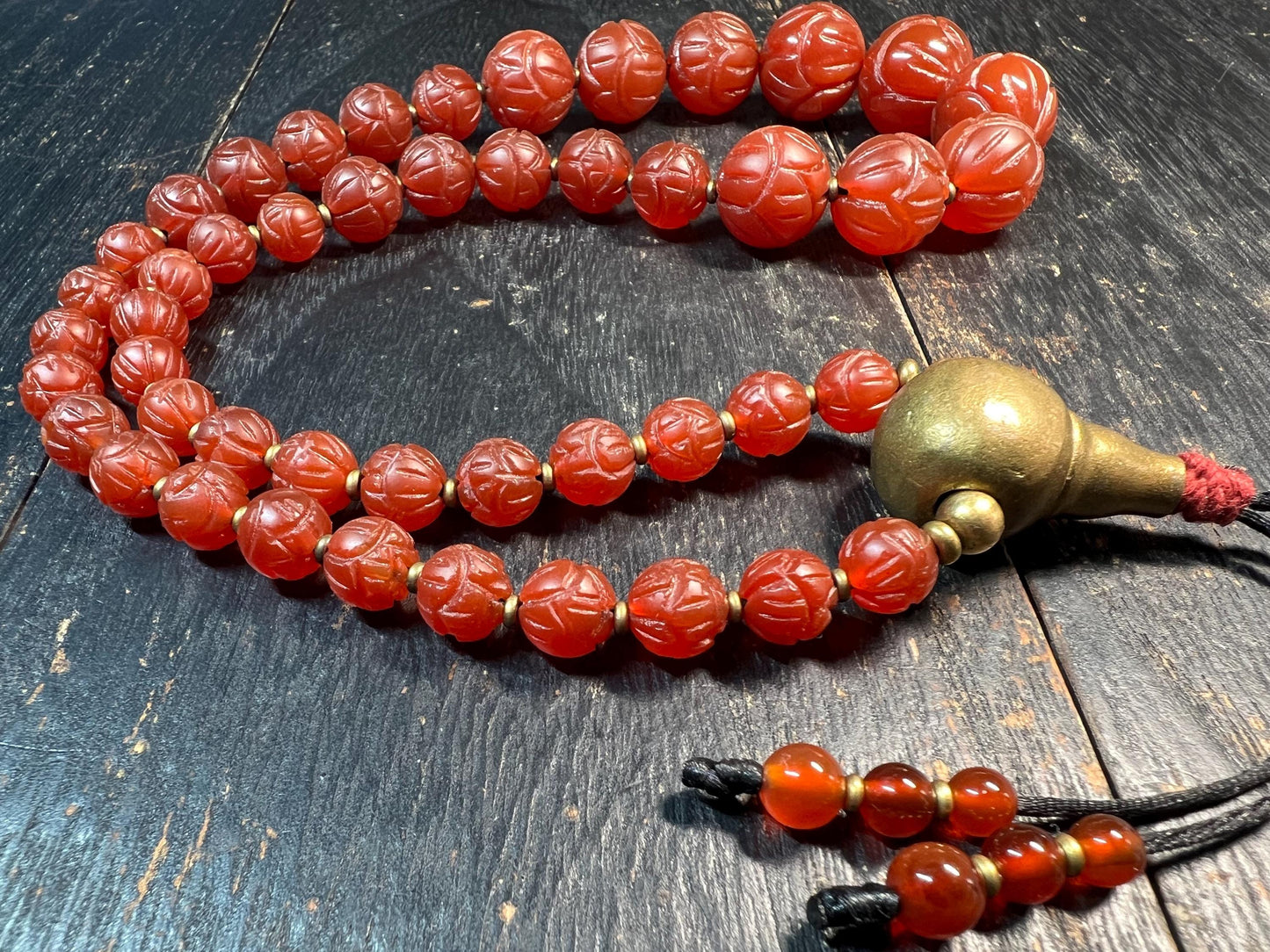 Handmade Tibetan Red Agate Mala – 47 Carved Prayer Beads with Copper Guru Bead, Buddhist Meditation Necklace, Spiritual Jewelry