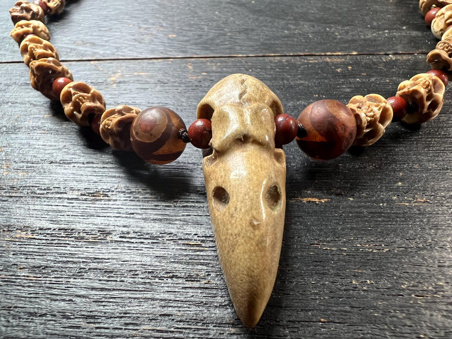Hand-Carved Tibetan Deer Antler Skull Necklace, Citipati Guardian Mala Pendant, Red Accent Beads, Adjustable Cord, Spiritual Jewelry, Nepal