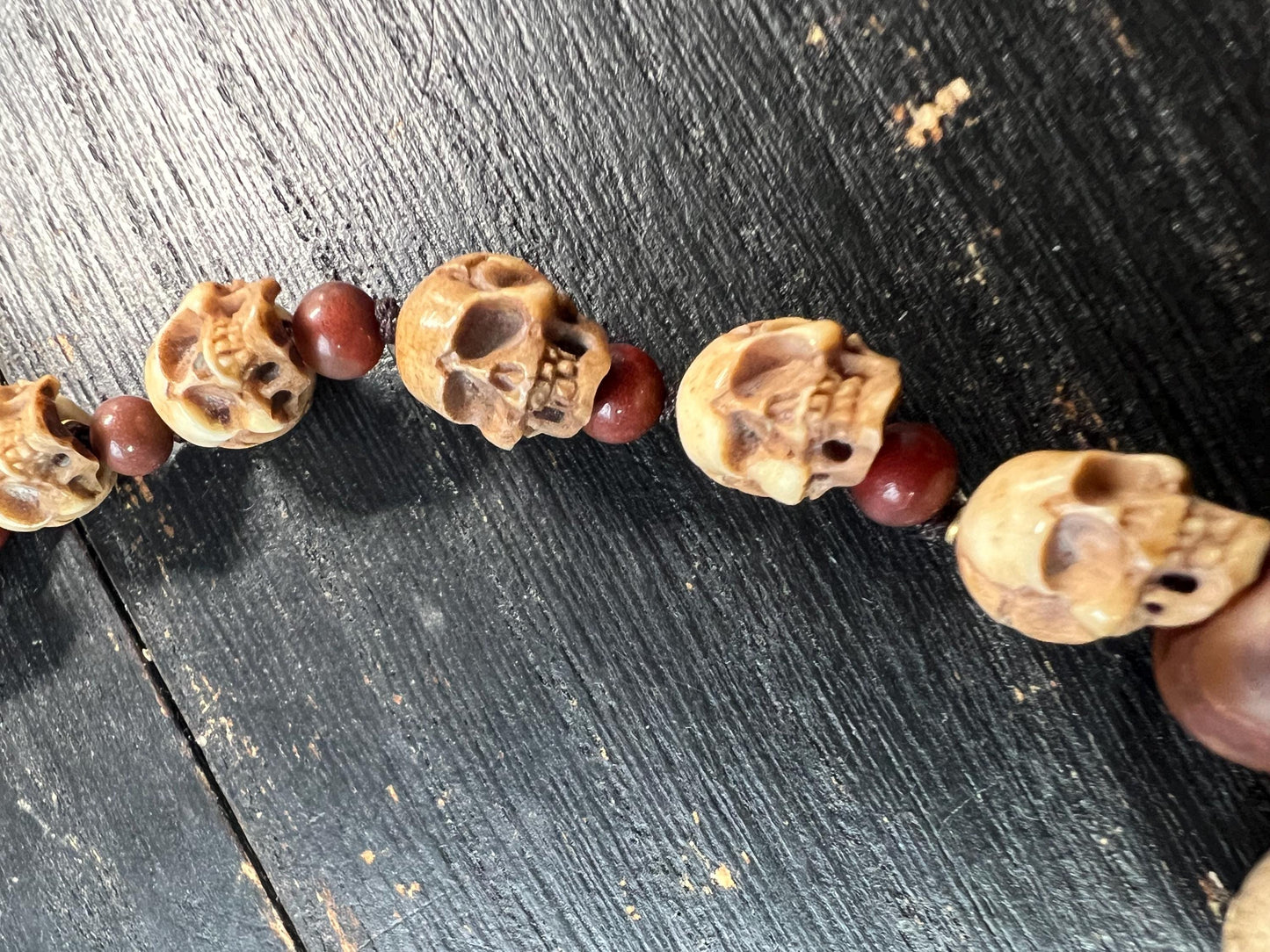 Hand-Carved Tibetan Deer Antler Skull Necklace, Citipati Guardian Mala Pendant, Red Accent Beads, Adjustable Cord, Spiritual Jewelry, Nepal