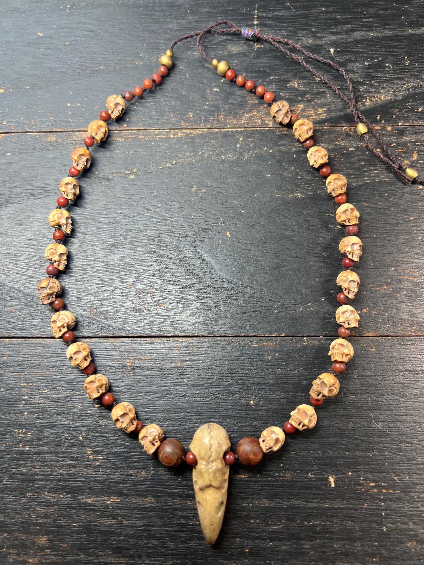 Hand-Carved Tibetan Deer Antler Skull Necklace, Citipati Guardian Mala Pendant, Red Accent Beads, Adjustable Cord, Spiritual Jewelry, Nepal