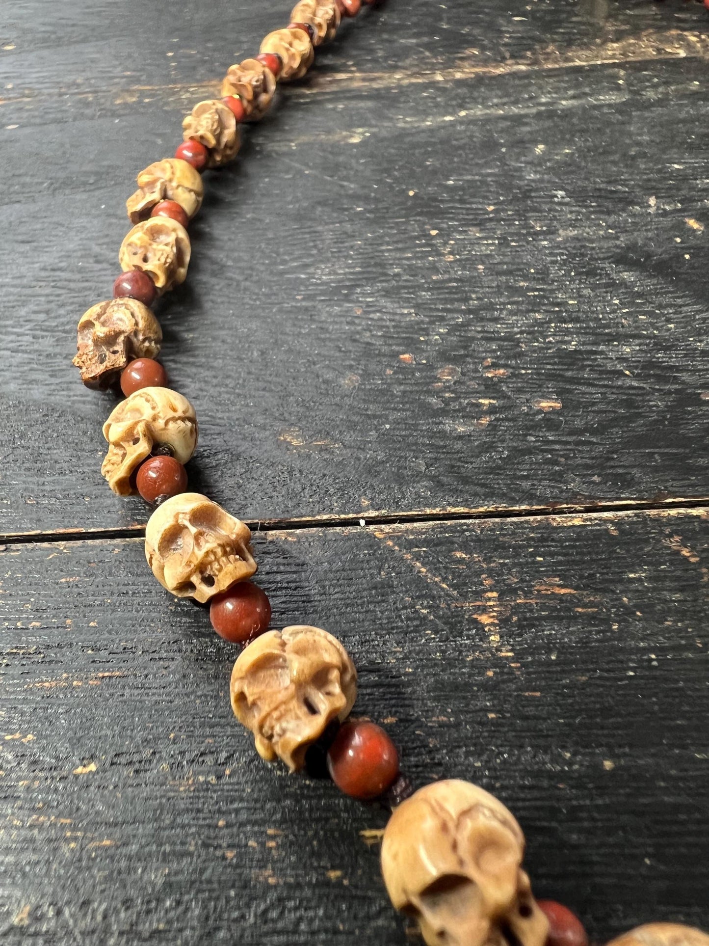 Hand-Carved Tibetan Deer Antler Skull Necklace, Citipati Guardian Mala Pendant, Red Accent Beads, Adjustable Cord, Spiritual Jewelry, Nepal