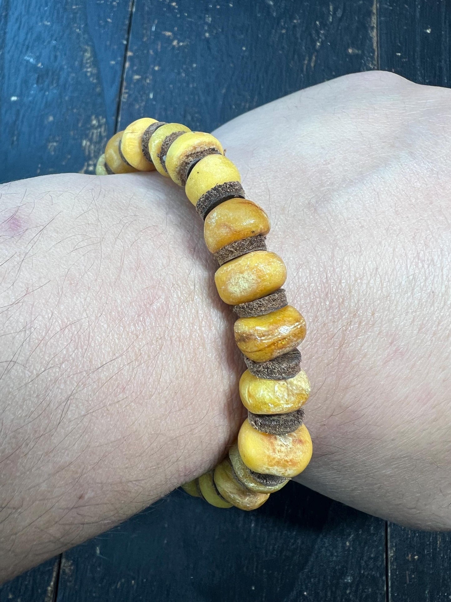 Natural Baltic Amber Bracelet with Leather Spacers, 9-11mm, Meditation Beads for Men & Women