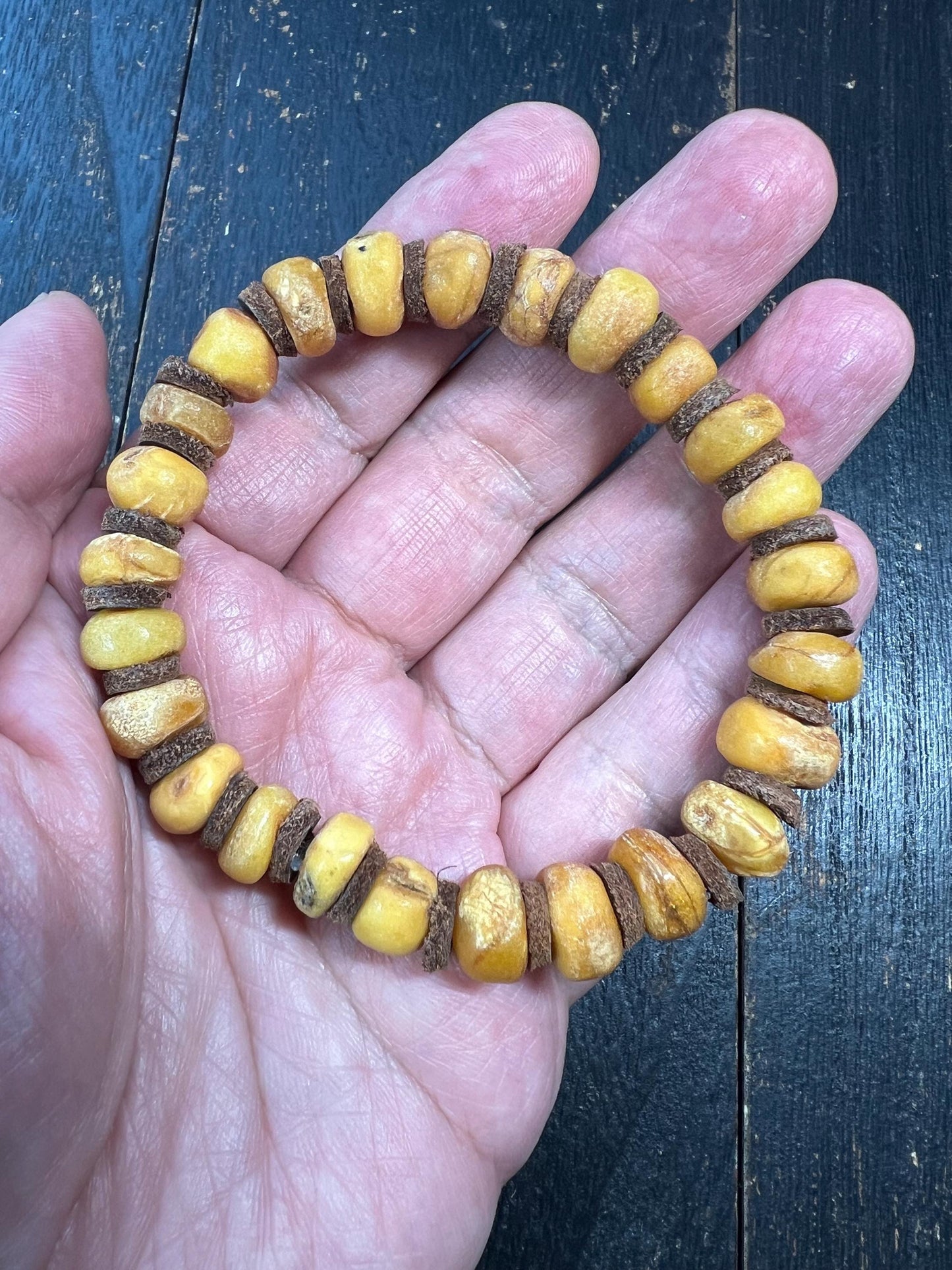 Natural Baltic Amber Bracelet with Leather Spacers, 9-11mm, Meditation Beads for Men & Women