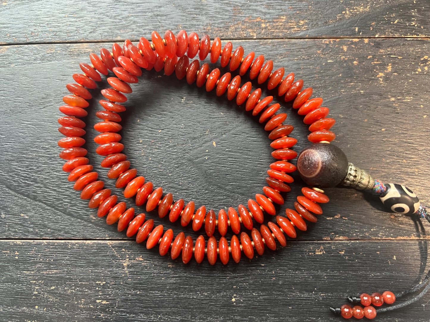 Authentic Tibetan 108-Bead Red Agate Mala with 12mm Agate Guru Bead & Dzi Pendant | Buddhist Meditation Beads | 22” Traditional Handcrafted