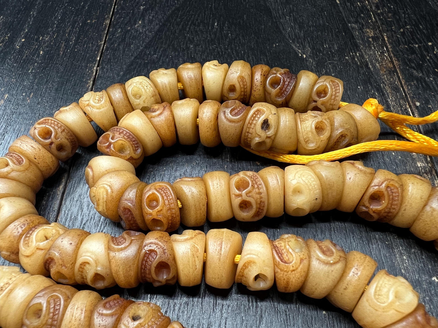 Hand-Carved Yak Bone Skull Beads | Tibetan Citipati Mala Beads Strand | Buddhist Ritual Bone Spacers
