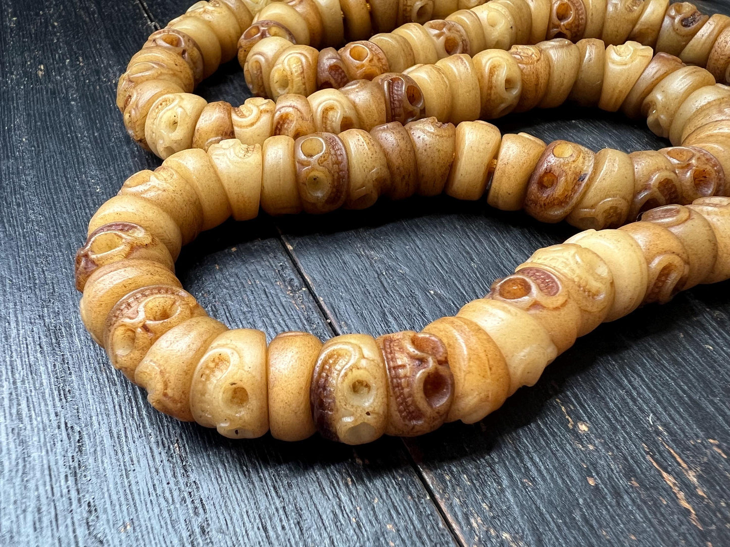 Hand-Carved Yak Bone Skull Beads | Tibetan Citipati Mala Beads Strand | Buddhist Ritual Bone Spacers