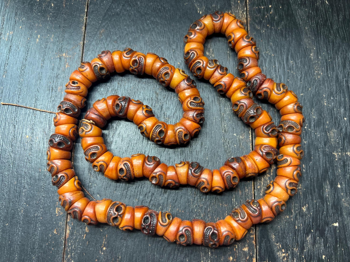 Hand-Carved Yak Bone Skull Beads | Tibetan Citipati Mala Beads Strand | Buddhist Ritual Bone Spacers