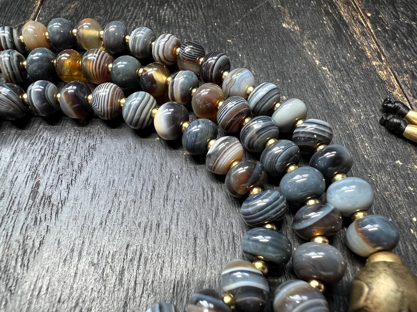 Handmade Tibetan Agate Mala Necklace – Chung Agate Centerpiece, Meditation Beads, Brass Guru Bead, 108 Prayer Beads