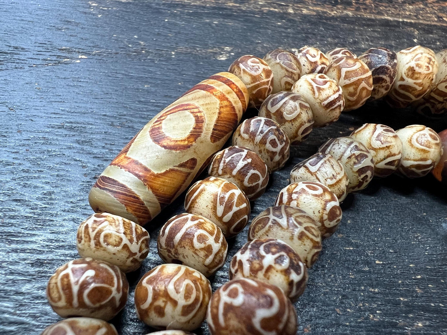 Handcrafted Yak Bone Mala – 108 Beads, Six-Syllable Mantra Carved, Dzi Bead, Brass Guru Bead, Tibetan Buddhist Prayer Necklace, 9mm 28”