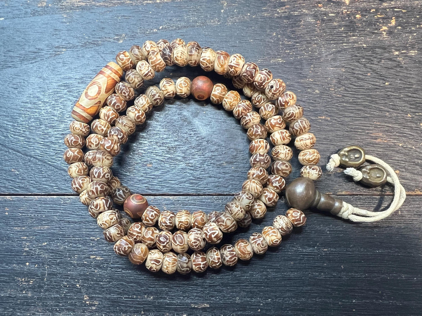 Handcrafted Yak Bone Mala – 108 Beads, Six-Syllable Mantra Carved, Dzi Bead, Brass Guru Bead, Tibetan Buddhist Prayer Necklace, 9mm 28”