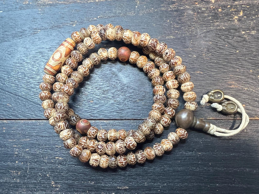 Handcrafted Yak Bone Mala – 108 Beads, Six-Syllable Mantra Carved, Dzi Bead, Brass Guru Bead, Tibetan Buddhist Prayer Necklace, 9mm 28”
