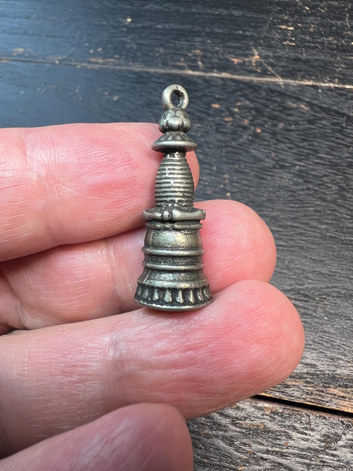 Handmade Tibetan Buddhist White Brass Stupa Amulet | Stupa Pagoda Pendant | Buddhist Tower Talisman | Ritual Protective Charm from Tibet