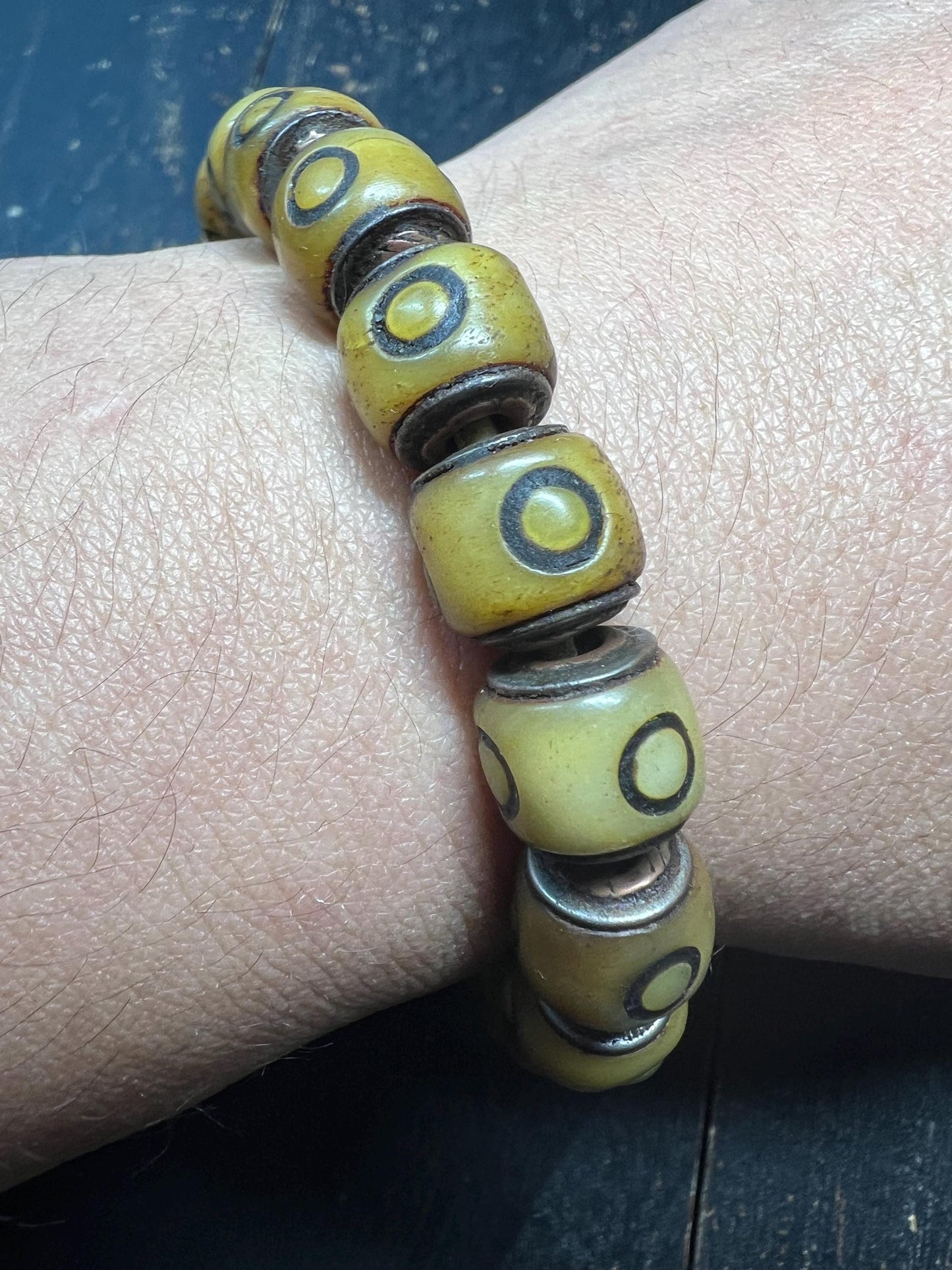 Adjustable Yak Bone Mantra Dot Mala Bracelet | Devouring Guru Bead | Tibetan Buddhist Amulet | Leather Cord & White Copper Accents | Under 8