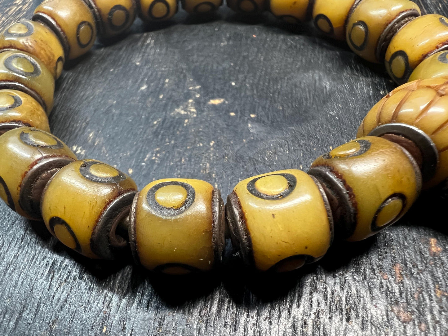 Adjustable Yak Bone Mantra Dot Mala Bracelet | Devouring Guru Bead | Tibetan Buddhist Amulet | Leather Cord & White Copper Accents | Under 8