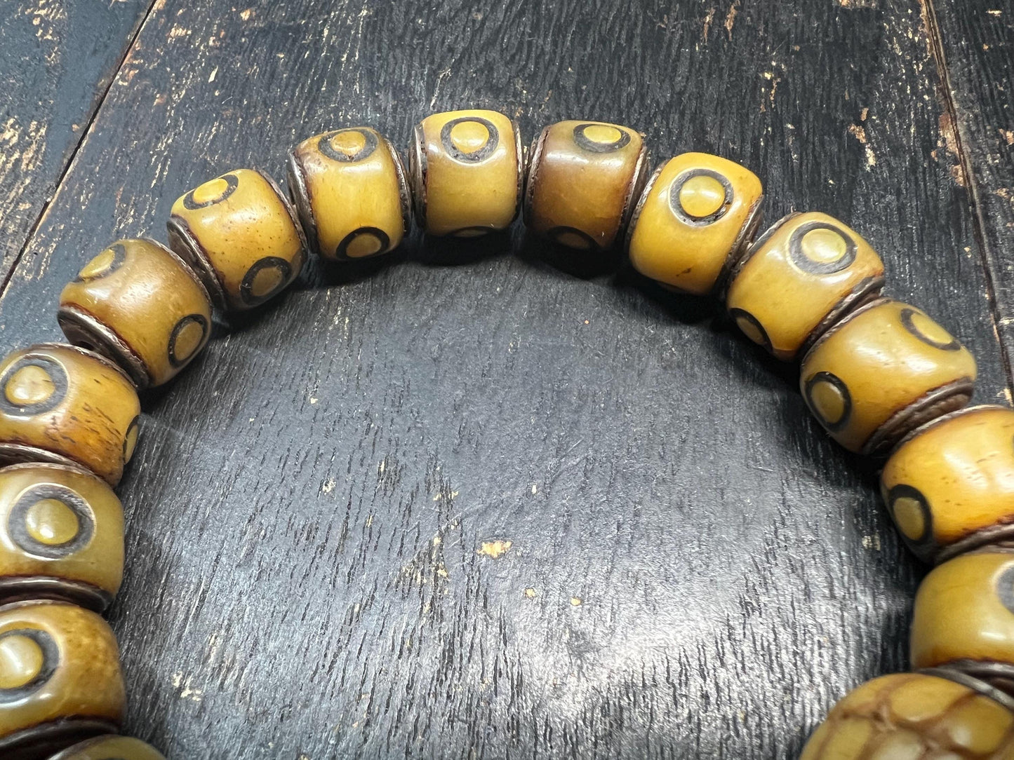 Adjustable Yak Bone Mantra Dot Mala Bracelet | Devouring Guru Bead | Tibetan Buddhist Amulet | Leather Cord & White Copper Accents | Under 8