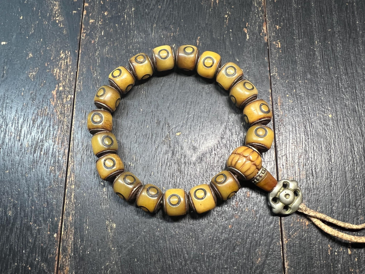 Adjustable Yak Bone Mantra Dot Mala Bracelet | Devouring Guru Bead | Tibetan Buddhist Amulet | Leather Cord & White Copper Accents | Under 8