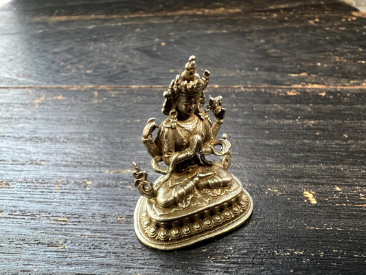 Mini White Copper Four-Armed Avalokiteshvara (Chenrezig) Statue, 30mm Buddhist Compassion Deity, Handmade Karma Altar Figurine