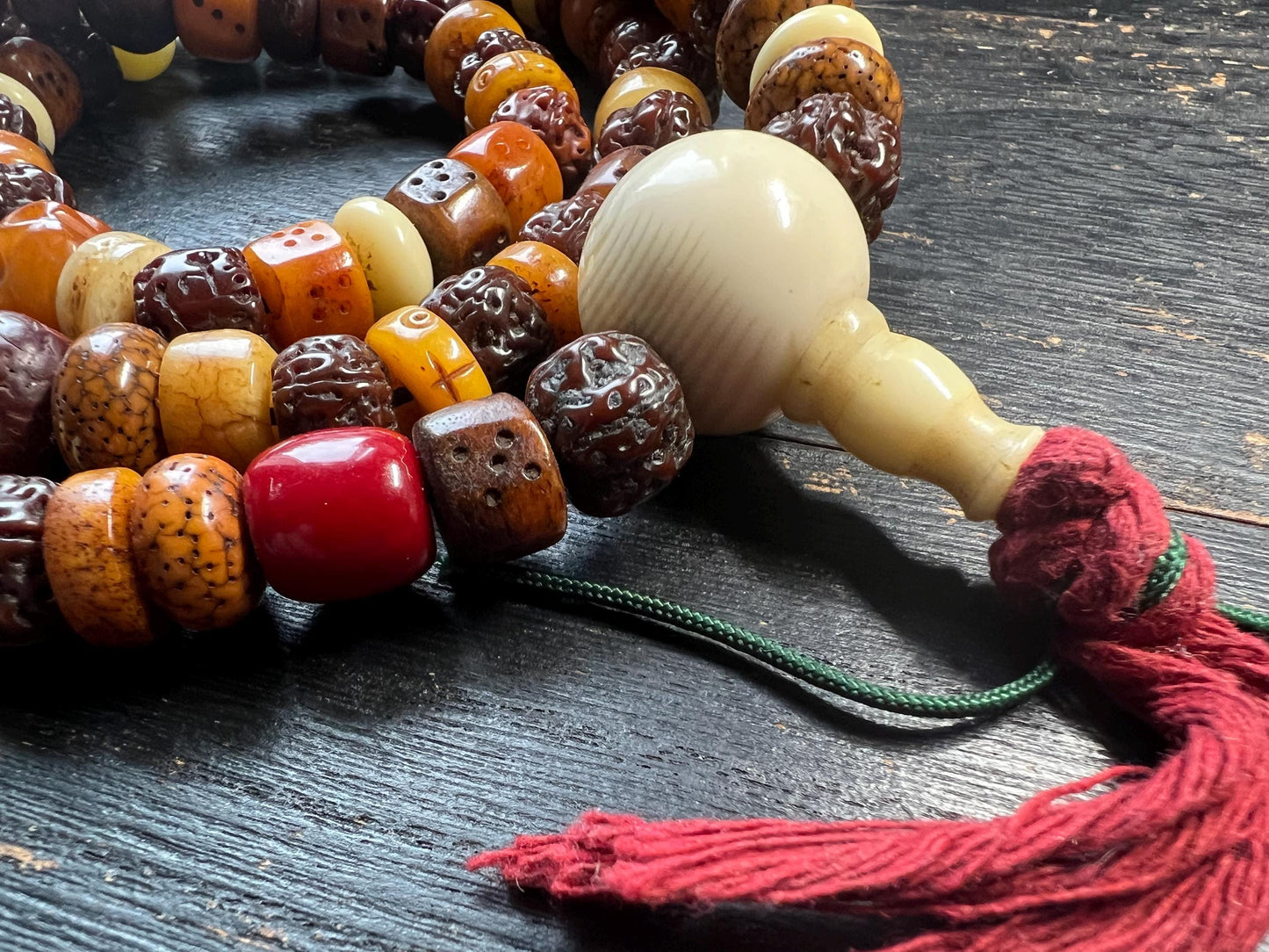 Tibetan Mala Necklace: Yak Bone, Bodhi Seed, Glass Prayer Beads