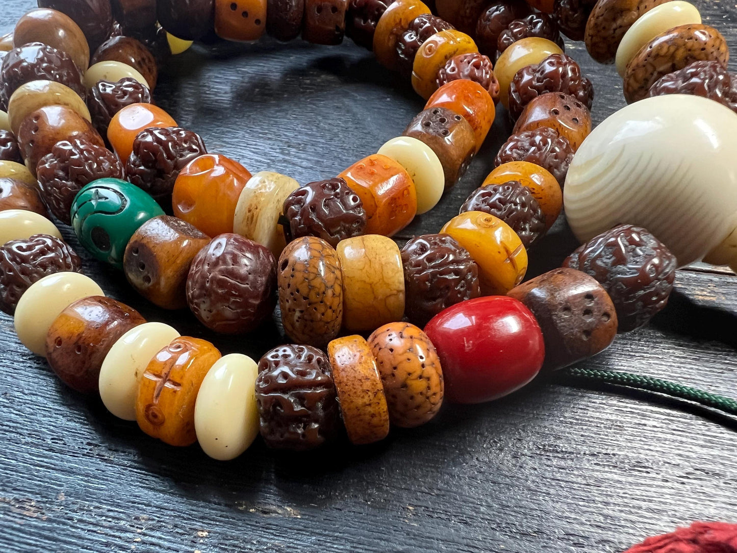 Tibetan Mala Necklace: Yak Bone, Bodhi Seed, Glass Prayer Beads