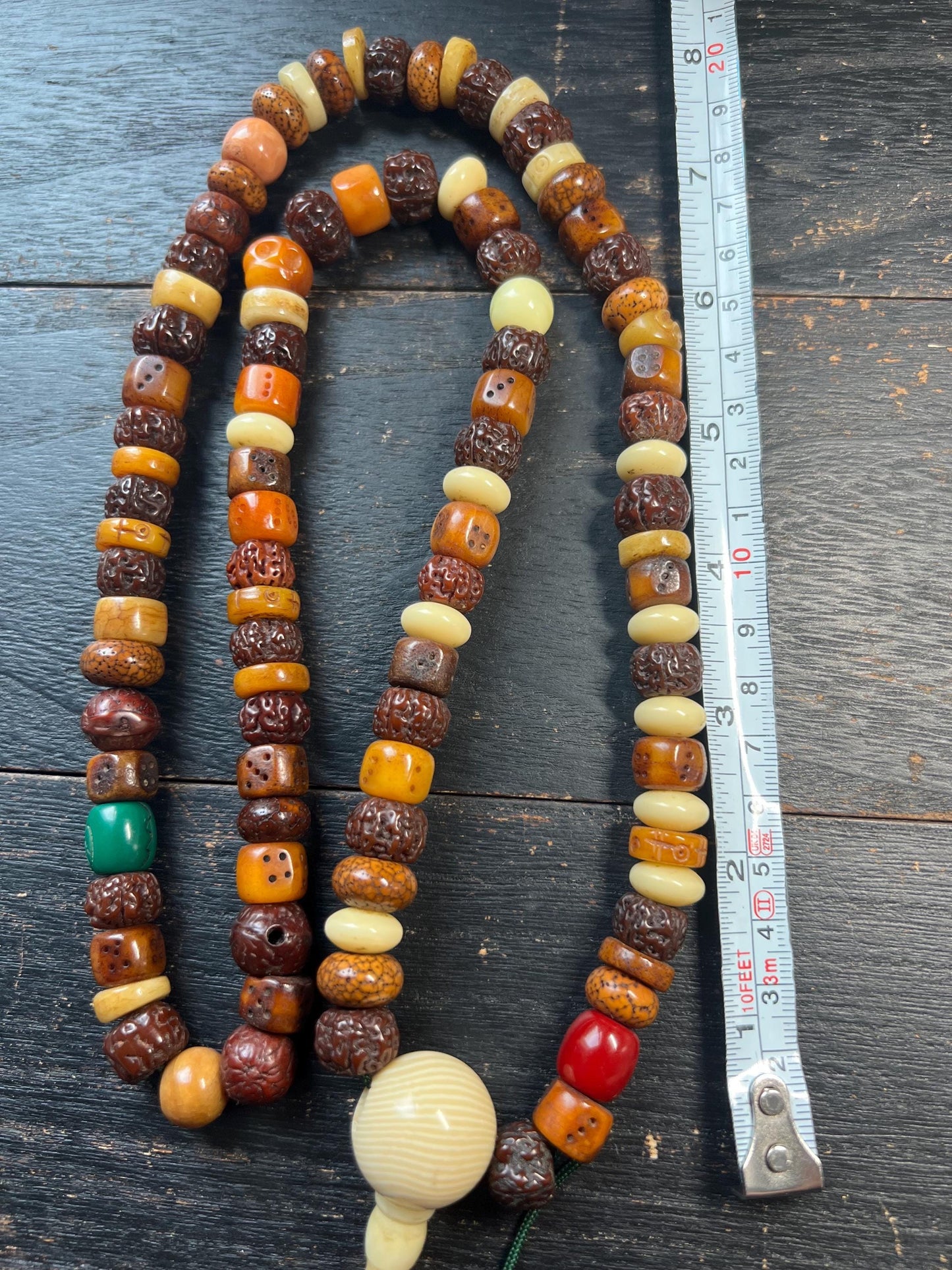 Tibetan Mala Necklace: Yak Bone, Bodhi Seed, Glass Prayer Beads
