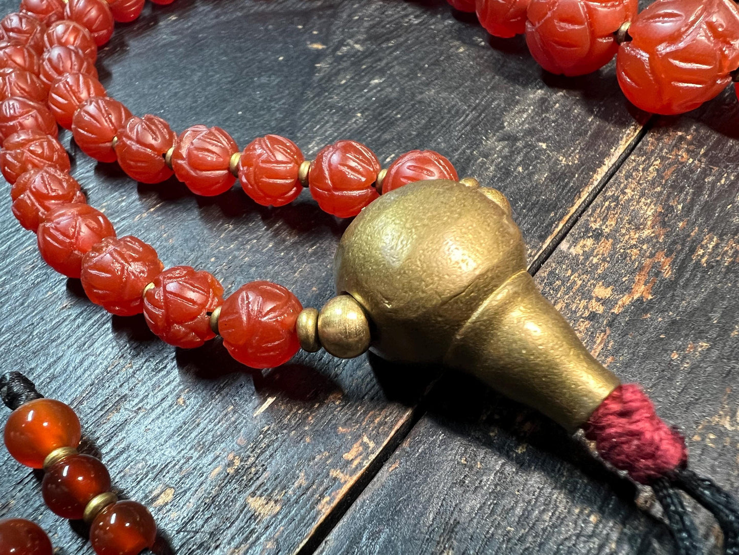 Handmade Tibetan Red Agate Mala – 47 Carved Prayer Beads with Copper Guru Bead, Buddhist Meditation Necklace, Spiritual Jewelry
