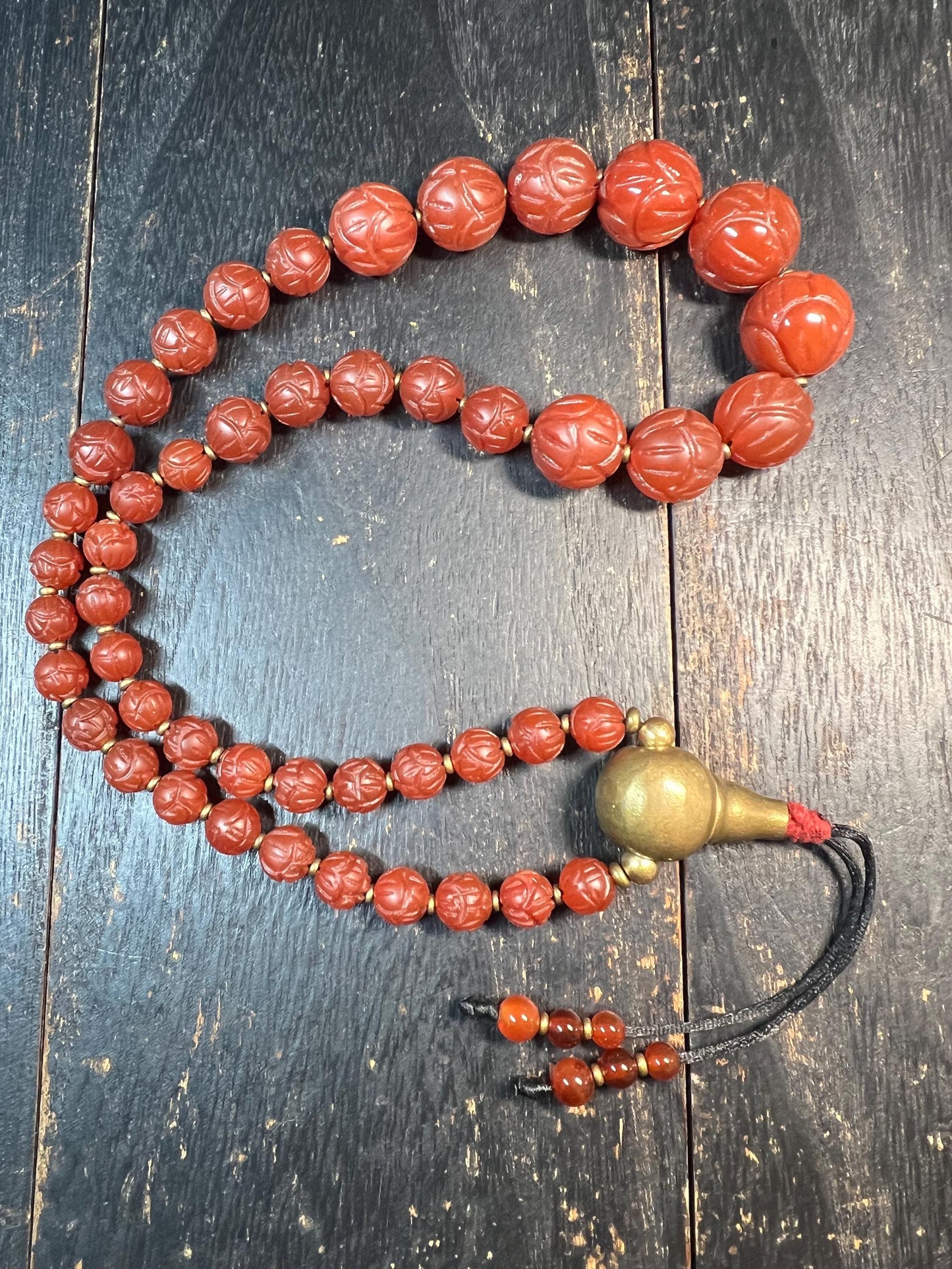 Handmade Tibetan Red Agate Mala – 47 Carved Prayer Beads with Copper Guru Bead, Buddhist Meditation Necklace, Spiritual Jewelry