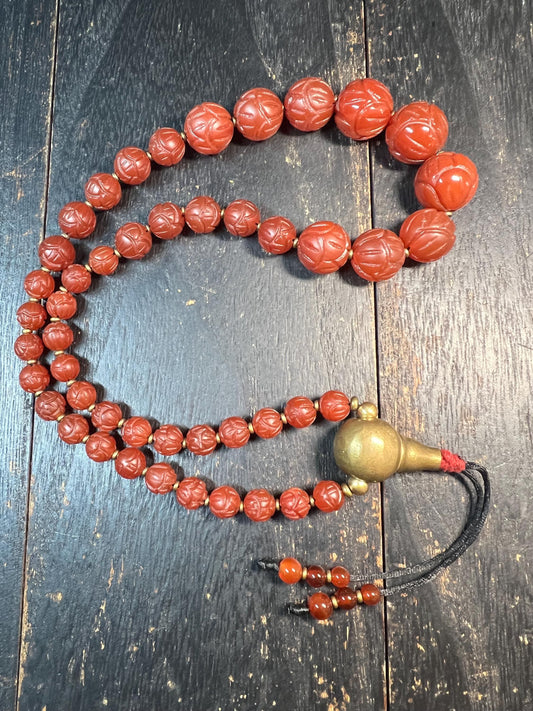 Handmade Tibetan Red Agate Mala – 47 Carved Prayer Beads with Copper Guru Bead, Buddhist Meditation Necklace, Spiritual Jewelry