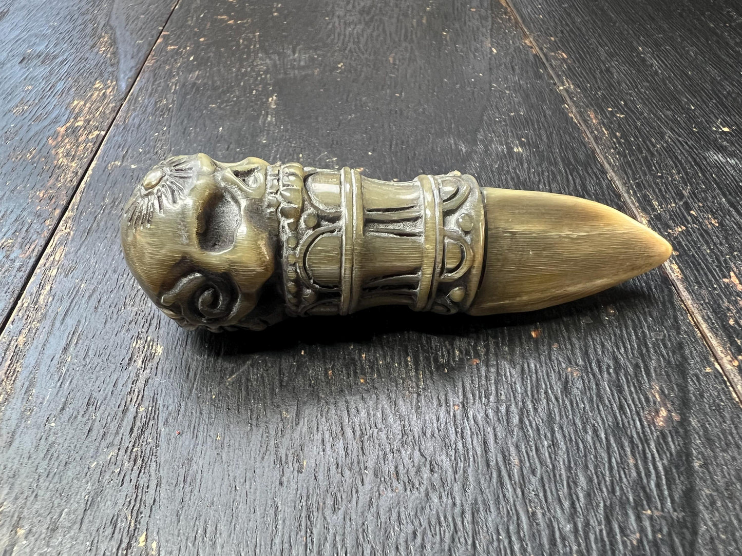 Handcrafted Yak Horn Chod Vajra Dagger with Skull Motif for Spiritual Rituals