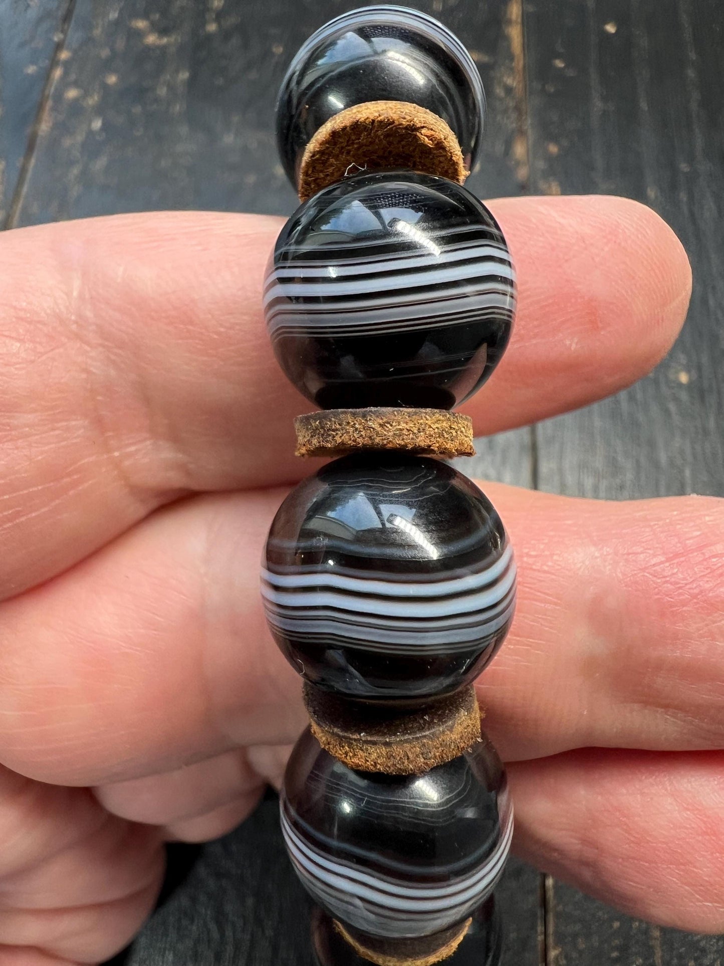 Vintage Black & White Stripe Agate Bracelet | 15mm Stretch Mala | Adjustable Cowhide Spacer Gemstone Beads