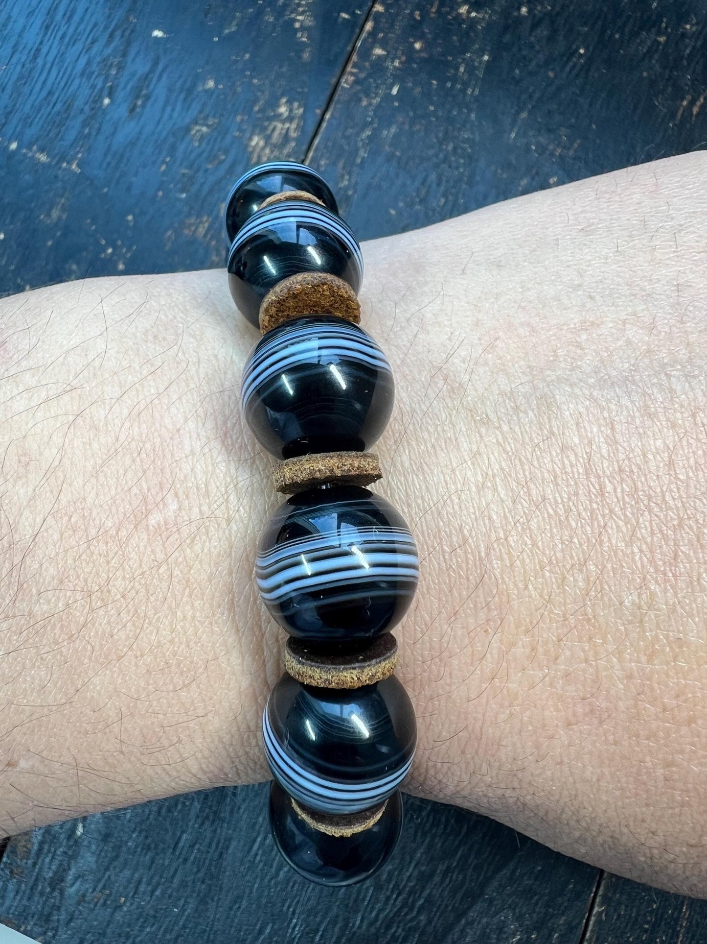 Vintage Black & White Stripe Agate Bracelet | 15mm Stretch Mala | Adjustable Cowhide Spacer Gemstone Beads